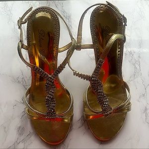 Blossom Collection sandal stiletto heels gold with clear rhinestones 3” heels
